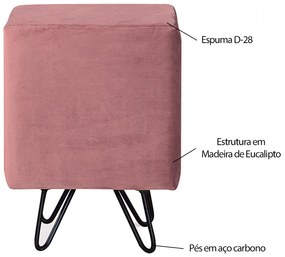 Puff Decorativo Pés Aço Preto Cubo Veludo Rosa G17 - Gran Belo
