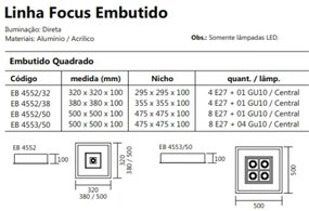 Luminária De Embutir Focus Quadrado C/ Aba 8Xe27 + 4Xmr16 50X50X10Cm |... (MT-M Mate Metálico)