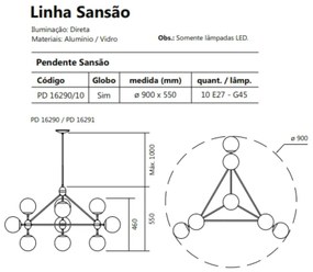 Pendente Sansão Ø90X55X155 C/ 10 Globos 10Xe27 G45 / Metal E Globo Ø14... (ND-B - Nude Brilho, FOSCO)