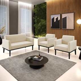 Conjunto 2 Poltronas e 1 Namoradeira Decorativa Isabella Pés Fixo em Madeira Preto Suede Bege G19 - Gran Belo
