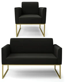 Sofá Namoradeira com Poltrona Base Industrial Dourado Marisa Suede Preto D03 - D'Rossi