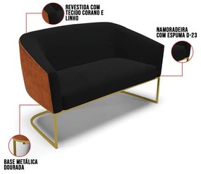 Namoradeira 2 Poltronas Industrial Dourado Stella Noz/Linho D03 - D'Rossi - Preto