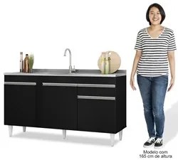 Balcão Gabinete com Pia Inox 150cm 3 Portas 1 Gaveta Dakota Preto - Lu