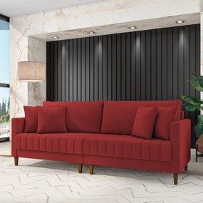 Sofá 3 Lugares Living 196cm Pés Madeira Cléo Veludo Vermelho K01 - D'Rossi