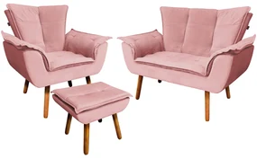 Conjunto Poltrona Puff e Namoradeira Pés Palito Charger Veludo Rosê G19 - Gran Belo