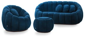 Sofá 2 Lugares com Puff e Poltrona Giratória Orgânica Cloud Bouclê Azul Marinho