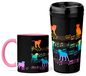 Kit Copo Viagem e Caneca Cachorro Musical Arco Iris Dog Lover Rosa