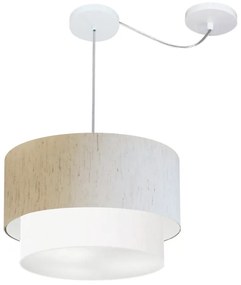 Lustre Pendente Cilíndrico Com Desvio Linho Bege e Branco MJ-4359 Para Mesa de Jantar e Estar