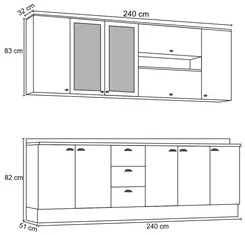 Cozinha Modulada Completa 240cm Com Portas de Vidro Americana Branco H