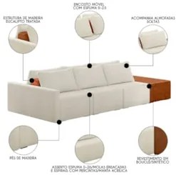 Sofá Ilha Modular Living com Puff 312cm Georgia Z08 Boucle Bege/Carame