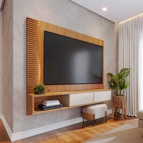 Painel TV 65 Pol 180cm Bancada Suspensa Ripado Manacá C04 - D'Rossi - Freijó e Off White Matte