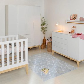 Kit Quarto Infantil com Pés Square Natural - Cômoda Elfe 4 Gavetas e 1 Porta + Guarda- Roupa Elfe + Berço Mini Cama Noah - Branco Fosco