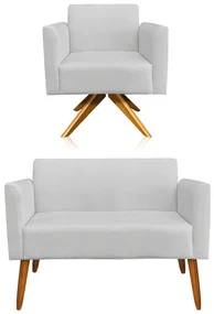 Kit 01 Namoradeira 02 Lugares e 01 Poltrona Marisa Suede Cinza Base GiratĂłria Madeira MA30 D'Rossi