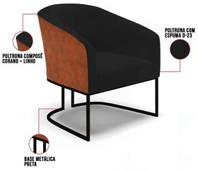 Namoradeira e 2 Poltronas Industrial Preto Stella Noz/Linho Preto D03 - D'Rossi