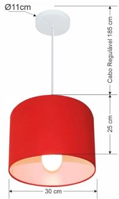 Lustre Pendente Cilíndrico Vivare Md-4113 Cúpula em Tecido 30x25cm - Bivolt - Vermelho - 110V/220V