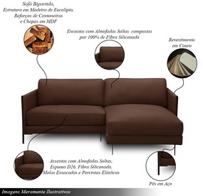 Sofá Decorativo Karine 3 Lugares Sala de estar 230cm com Chaise Pés em Aço Couro Marrom Chocolate G88 - Gran Belo