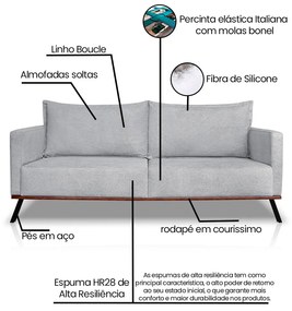 Sofá Living 3 Lugares com Pés de Ferro Almofadas Soltas 220cm Saiph Bouclê Cinza G63 - Gran belo