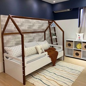 Cama Montessoriana Tivoli com Casinha e Grades de proteção - Branco e Mel