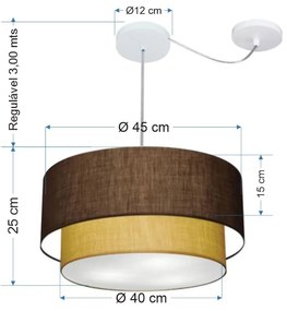 Lustre Pendente Duplo Cilíndrico Com Desvio de Centro Vivare Md-4360 Cúpula em Tecido 45x40cm - Bivolt - Café-Palha - 110V/220V