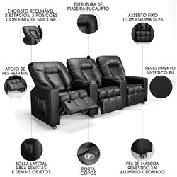 Poltrona Reclinável Para Cinema 3 Lugares Praddo FH9 PU Preto - Mpozen