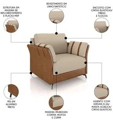 Sofá 2 Lugares 164cm e 2 Poltronas Solaro M22 Linho Bege/Marrom - Mpoz