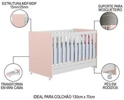 Berço Americano Mini Cama Com Rodízios Charme P14 Branco/Rosa - Mpozen