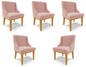 Kit 5 Cadeiras Decorativas Sala de Jantar Base Fixa de Madeira Firenze Veludo Rose/Castanho G19 - Gran Belo