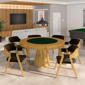 Conjunto Mesa de Jogos Carteado Bellagio Tampo Reversível e 6 Cadeiras Madeira Poker Base Cone Veludo Marrom/Mel G42 - Gran Belo