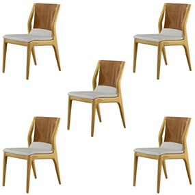 Kit 5 Cadeiras Decorativas Sala de Jantar Madeira Maciça Bruyne PU Sintético/Linho Marrom/Bege G13 - Gran Belo