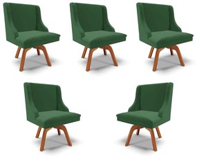 Kit 5 Cadeiras Decorativas Sala de Jantar Base Giratória de Madeira Firenze Veludo Verde/Natural G19 - Gran Belo