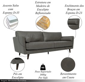 Sofá Decorativo Daemon 3 Lugares Sala de estar 212cm Pés em Eucalipto Couro Chumbo Manchado G40 - Gran Belo