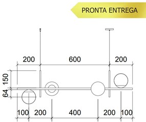 Pendente Bloom Retângular 29X26X100Cm Alumínio E Globo Ø12Cm Fosco 4Xg... (DOURADO BRILHO, FOSCO)