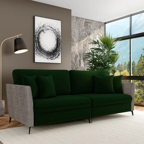 Sofá Living Decorativo Zagreb 3 Lugares 262cm com Almofadas Pés de Ferro Veludo/PU Verde/Cinza G33 - Gran Belo