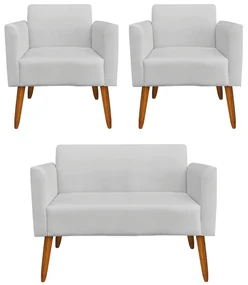 Conjunto Namoradeira e 2 Poltronas Decorativas Isabella Pés Palito Madeira Suede Cinza G19 - Gran Belo