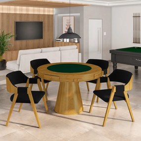 Conjunto Mesa de Jogos Carteado Bellagio Tampo Reversível e 4 Cadeiras Madeira Poker Base Cone Veludo Preto/Mel G42 - Gran Belo