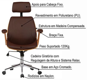 Cadeira de Escritório Presidente Giratória com Regulagem de Altura Akon PU Sintético Marrom G56 - Gran Belo