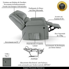 Poltrona do Papai Reclinável Melim Controle Power Elétrico USB Sintético PU F FH1 - D'Rossi - Cinza