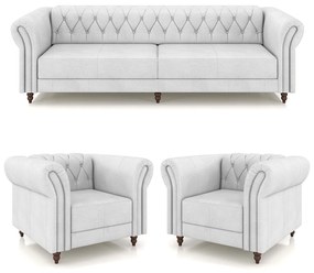 Conjunto Sala de Estar 1 Sofá Living 240cm e 2 Poltronas Stanford Chesterfield Pés Madeira Couro Branco G58 - Gran Belo