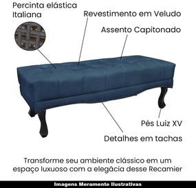 Recamier Decorativo 195cm Loewe Veludo Pés de Madeira Azul Marinho G63 - Gran Belo