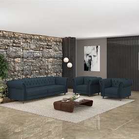 Conjunto Sala de Estar 1 Sofá Living 180cm e 2 Poltronas Stanford Chesterfield Pés Madeira Couro Azul Marinho G58 - Gran Belo