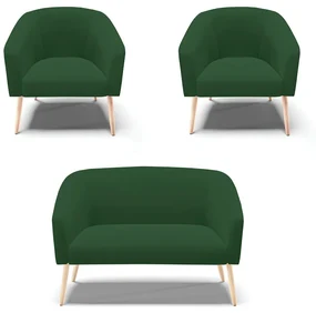 Namoradeira e 2 Poltronas Pé Palito Natural Stella Veludo D03 - D'Rossi - Verde