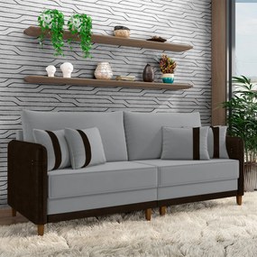 Sofá Living Montecarlo 3 Lugares Bipartido 232cm Pés em Madeira Veludo/PU Cinza/Marrom G33 - Gran Belo