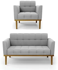 Namoradeira com Poltrona Base de Madeira Castanho Elisa Suede D03 - D'Rossi - Cinza