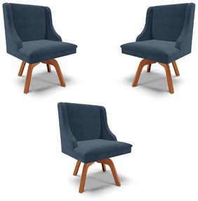 Kit 3 Cadeiras Decorativas Sala de Jantar Base Giratória de Madeira Firenze Suede Azul Marinho/Natural G19 - Gran Belo