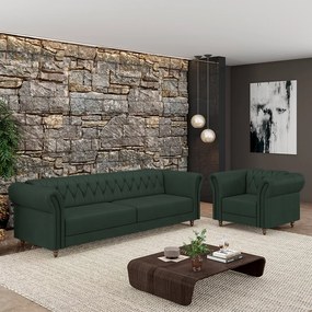 Conjunto Sala de Estar 1 Sofá Living 200cm e 1 Poltrona Stanford Chesterfield Pés Madeira Couro Verde G58 - Gran Belo