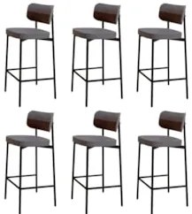 Banqueta Alta Bar Estofada Kit 6 Ella M25 Linho Cinza/Marrom - Mpozena