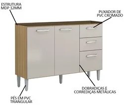 Balcão de Cozinha para Pia 120cm 3 Portas 2 Gavetas Livy P11 Damasco/O