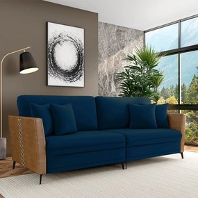 Sofá Living Decorativo Zagreb 2 Lugares 222cm com Almofadas Pés de Ferro Veludo/PU Azul/Caramelo G33 - Gran Belo