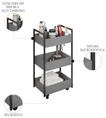 Carrinho Auxiliar para Salão de Beleza Industrial Liss Z34 Grafite/Pre