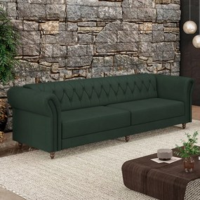 Sofá Living Sala de Estar Stanford Chesterfield 3 Lugares 240cm Pés de Madeira Couro Verde G58 - Gran Belo